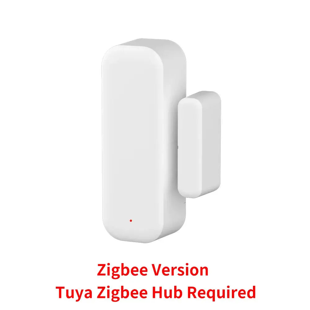 White two-piece Zigbee door/window contact sensor with magnet; hub required for smart home.