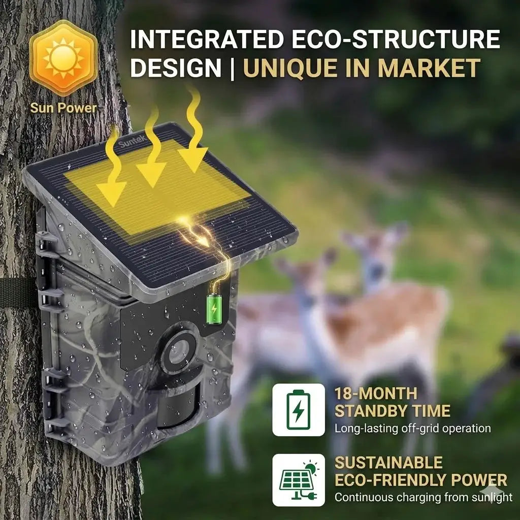 Solar Wildlife Trail Camera 50MP 4K with night vision, solar-powered and outdoor waterproof