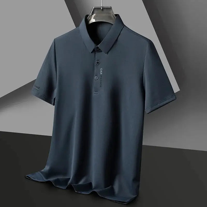 Men's navy polo shirt with short sleeves, collar, and three-button placket.