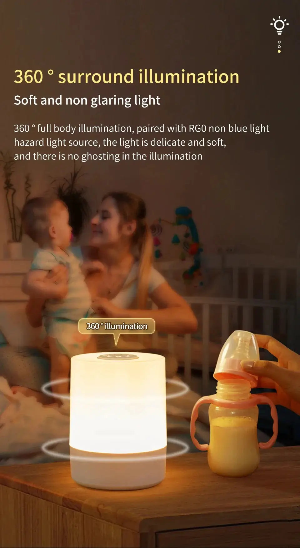 Bedside LED touch night light by Simples Market; white rechargeable desk lamp with 360° illumination on a wooden table beside a baby bottle.