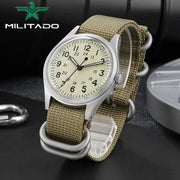 Militado ML07 Quartz military watch with beige dial, khaki canvas strap, silver case, 100m water resistant