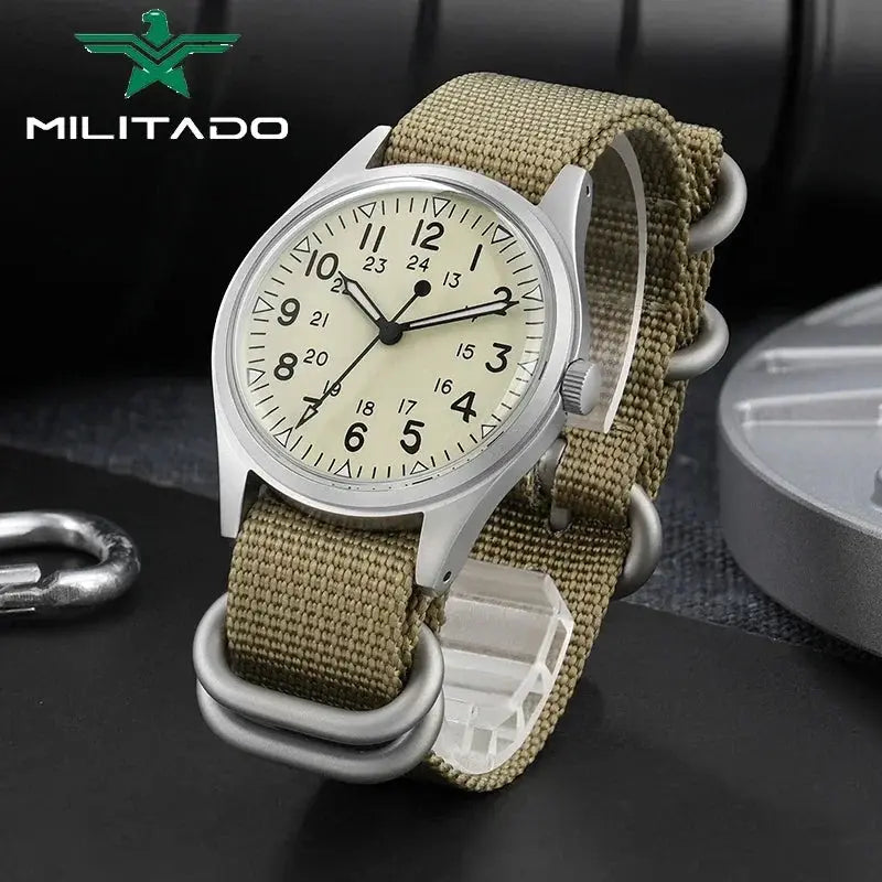 Militado ML07 Quartz military watch with beige dial, khaki canvas strap, silver case, 100m water resistant
