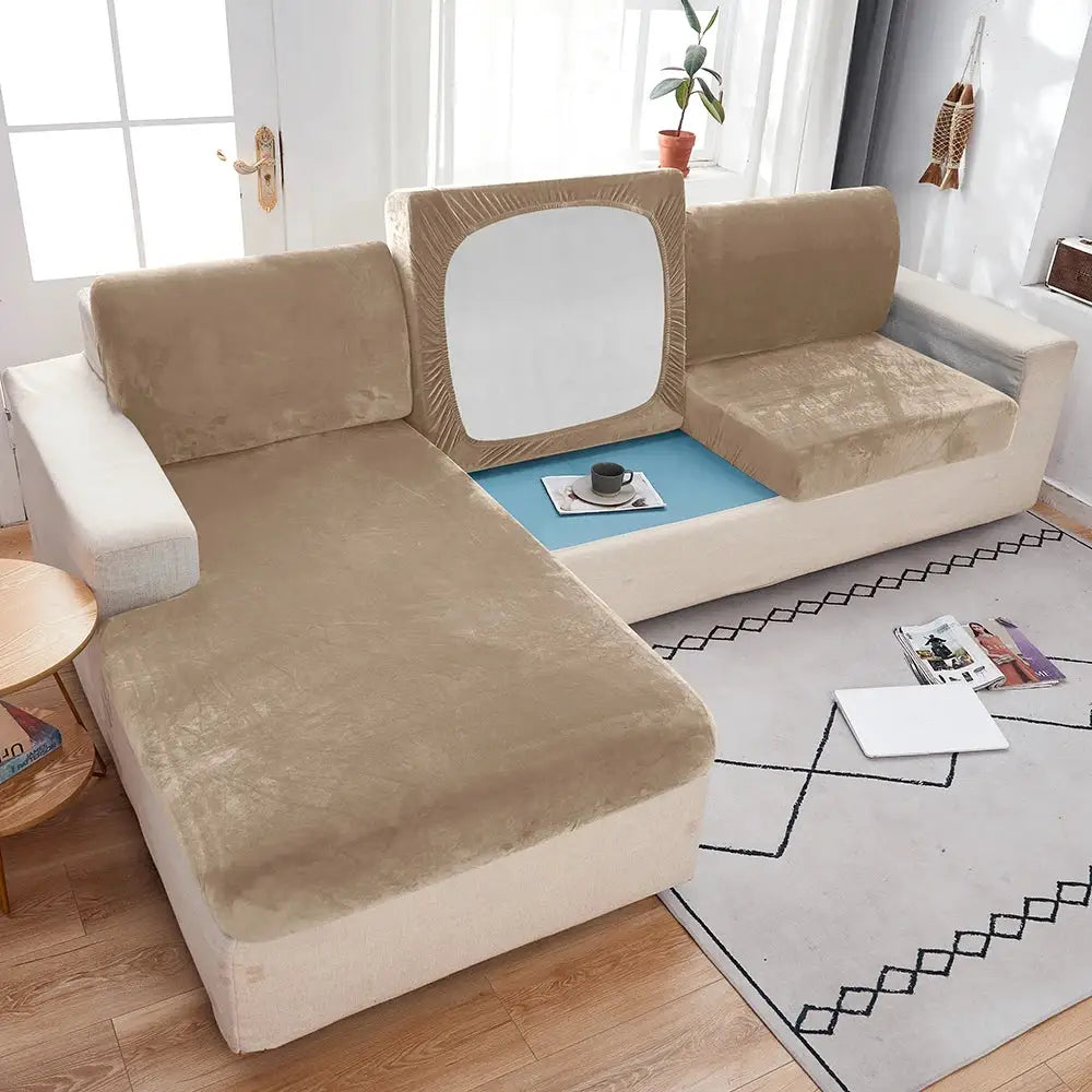Plush beige sofa slipcover with anti-slip elastic for sectional couch