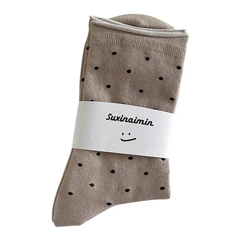 Vintage Cream Curled Edge Polka Dot Mid Tube Socks for Women Spring Summer Artistic Socks