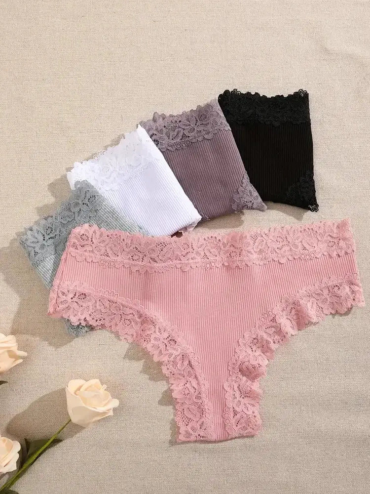 6-pack women cotton lace panties in pink, grey, white, lavender, mauve and black with floral lace trim