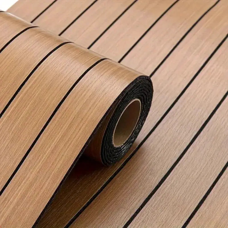 Self-adhesive wood grain wallpaper roll in light brown with dark stripes for DIY walls and ceilings
