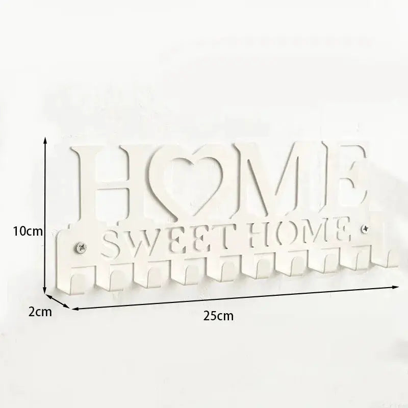 White metal wall-mounted key holder and coat rack with HOME SWEET HOME iron art decor, 25cm long