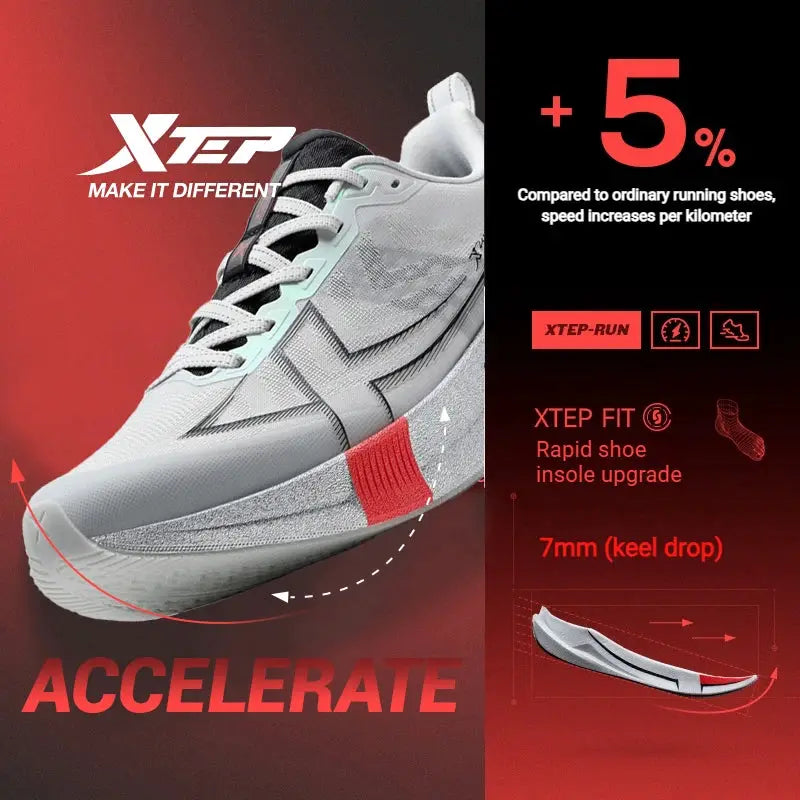 Xtep 2000km 5.0 running shoes; white/gray lightweight cushioned sneakers with red heel accent