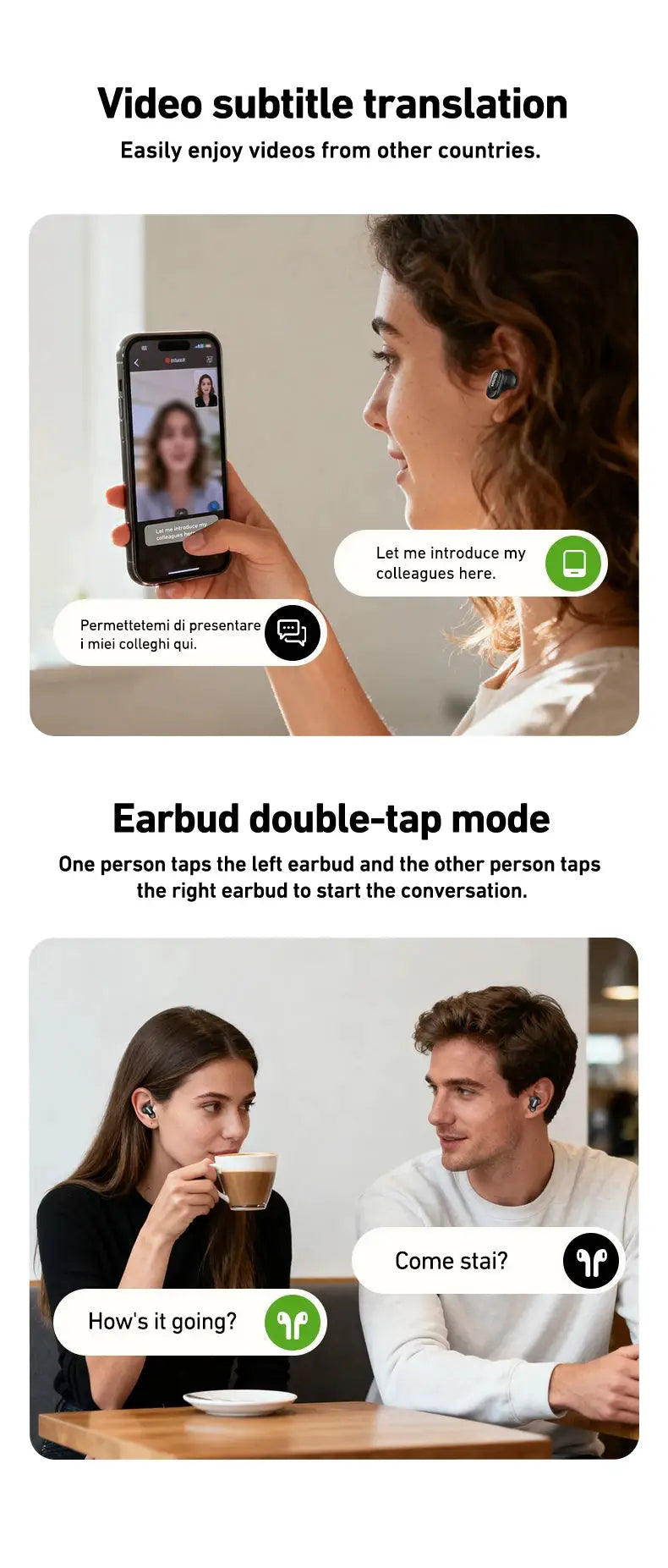 HTC NE79 TWS Bluetooth earbuds in black, wireless headphones shown in use with a smartphone