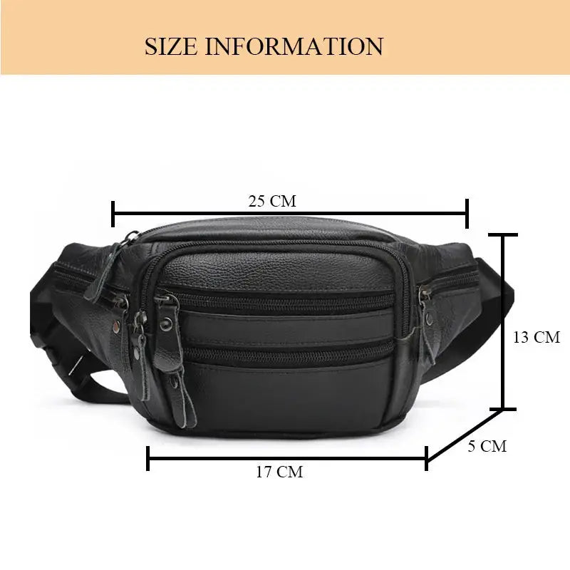 Men's genuine black leather fanny bag with multiple zip pockets for phone, waist pack