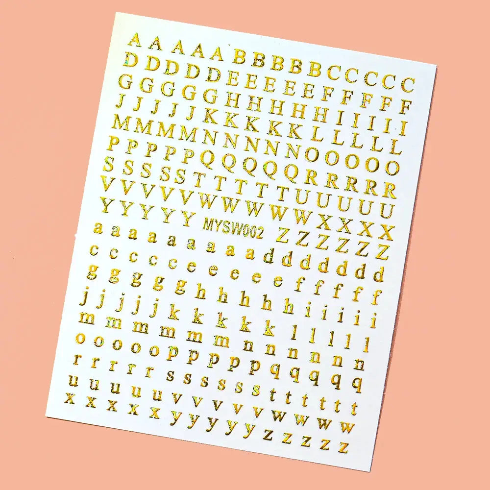 Simples Market 3D alphabet nail stickers; gold laser letters, 26 English letters, self-adhesive decals, 8x10 cm