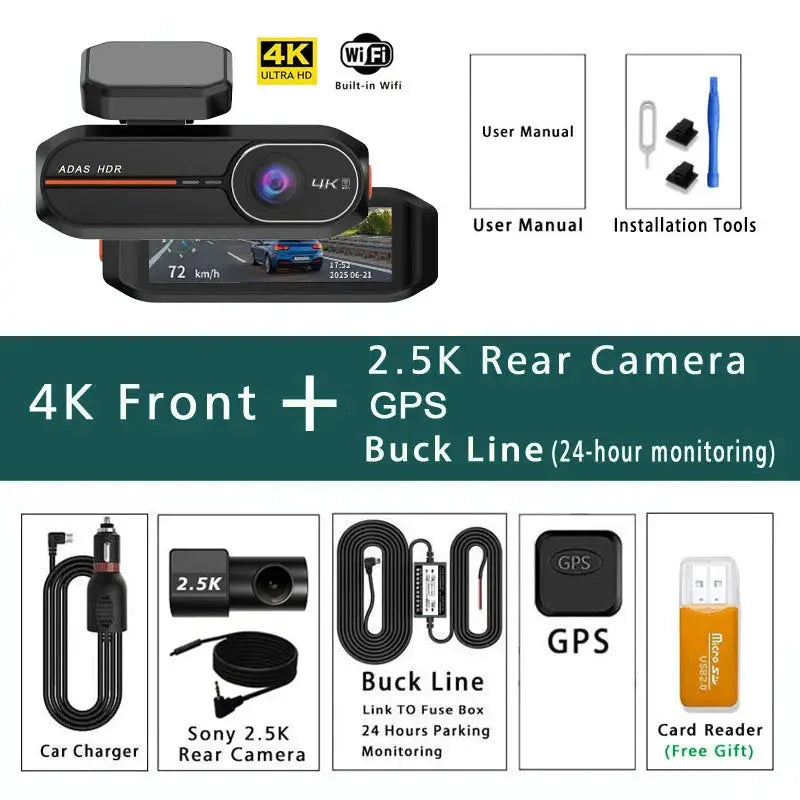 Simples Market 4K front + 2.5K rear dash cam with GPS, WiFi, ADAS, night vision, 24-hour monitoring in black