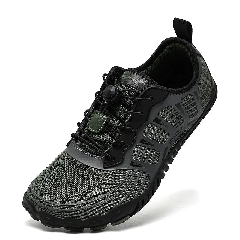 HOBIBEAR barefoot shoes; gray breathable mesh with black overlays, wide toe, elastic lacing