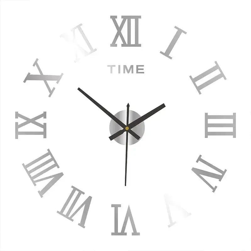 Large 3D DIY silent wall clock with punch-free wall sticker and Roman numerals, black hands