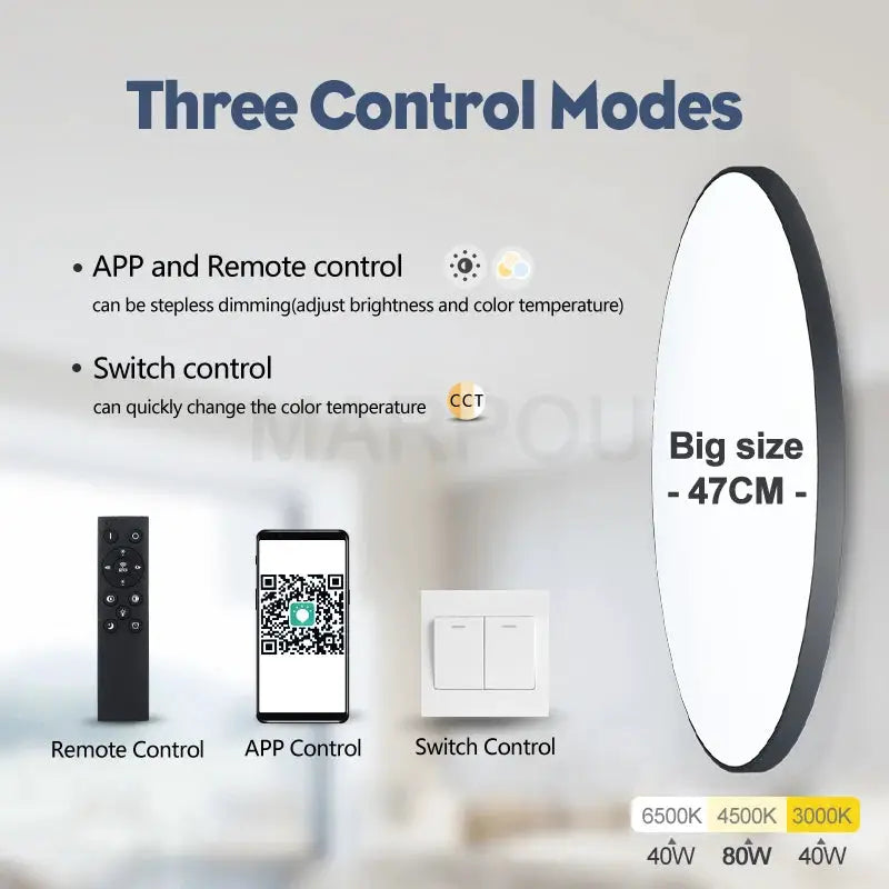 MARPOU big-size smart ceiling LED lamp, 47cm, 80W, Simples Market; remote, app and switch control