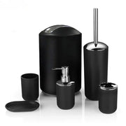 Black bathroom set by Simples Market, 4/6pc: soap pump, toothbrush holder, dish, tumbler, waste can, toilet brush.
