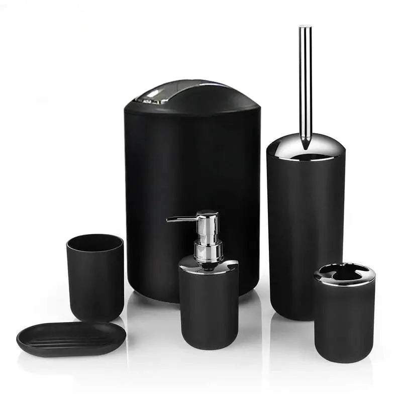 Black bathroom set by Simples Market, 4/6pc: soap pump, toothbrush holder, dish, tumbler, waste can, toilet brush.