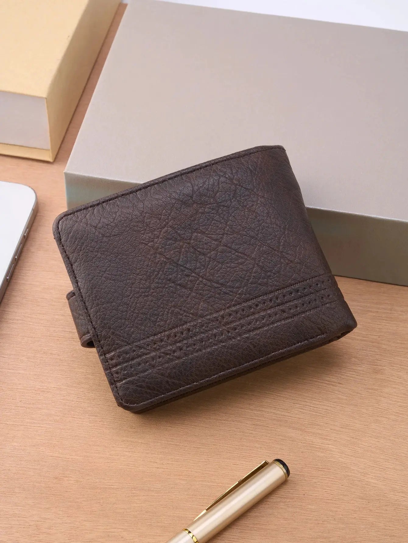 Men's brown textured leather wallet with card slots and slim profile
