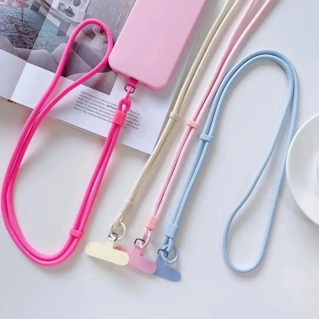 Personalize Trend solid-color phone lanyards; set of 5 long crossbody rope straps in pink, cream, pastel pink, and blue