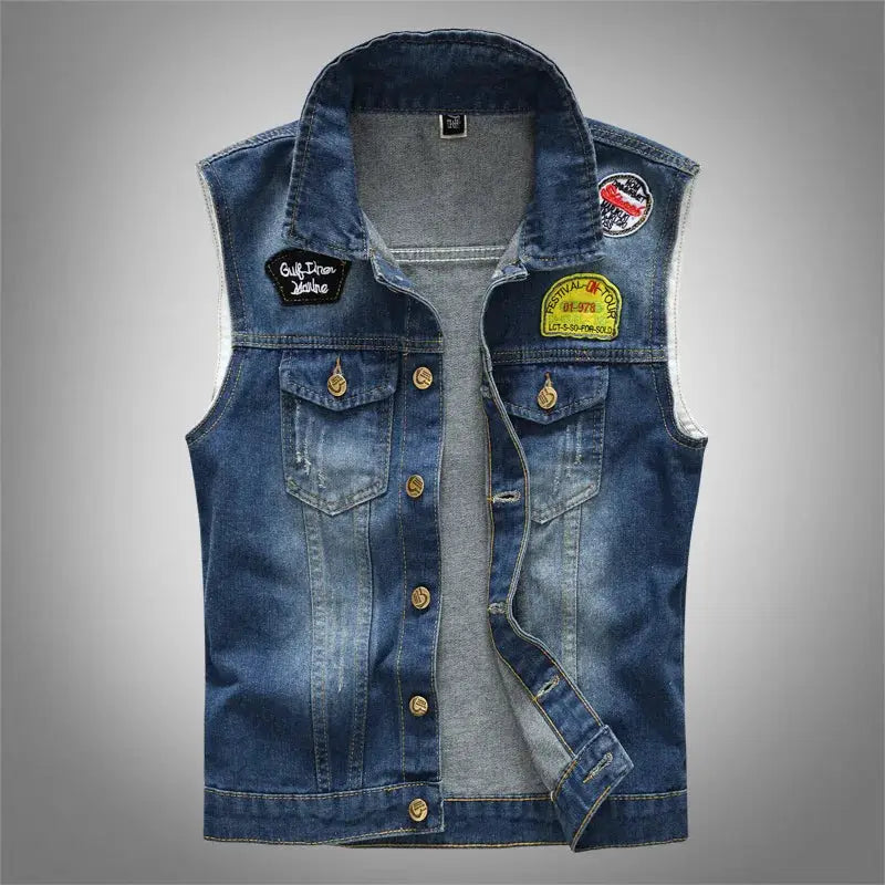 Men's blue denim sleeveless vest with patch badges and button-front