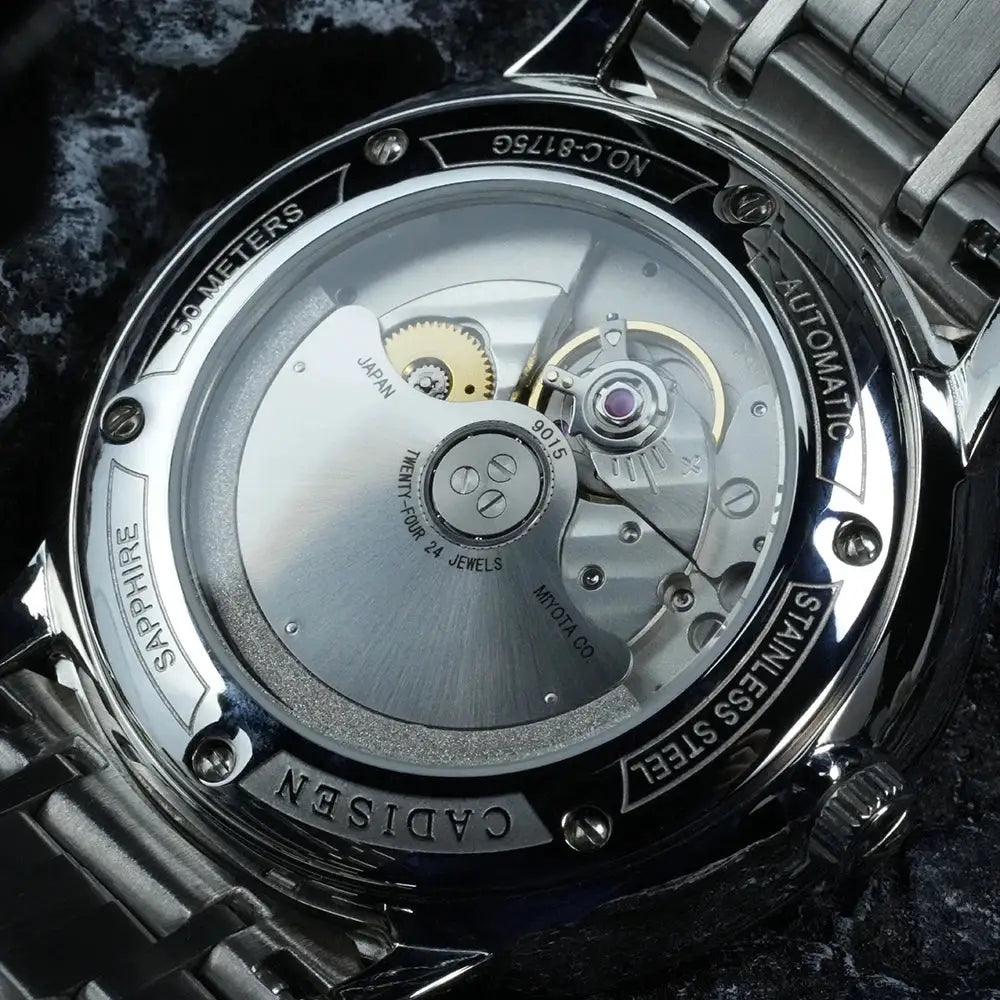CADISEN ultra-thin mechanical wristwatch; stainless steel case, sapphire crystal back, Miyota 9015 automatic movement.