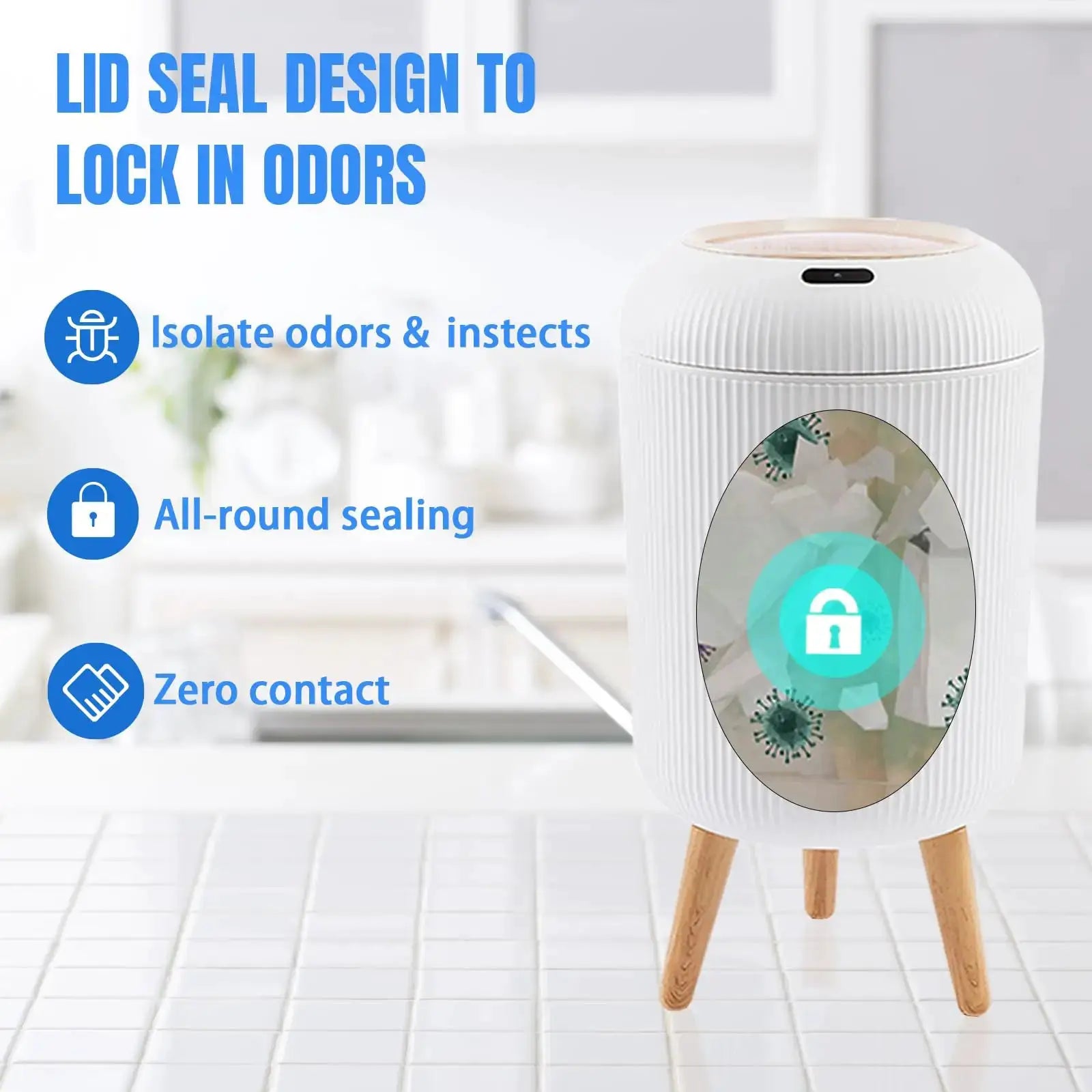 Automatic trash can with lid, small white plastic motion-sensor bin by Simples Market