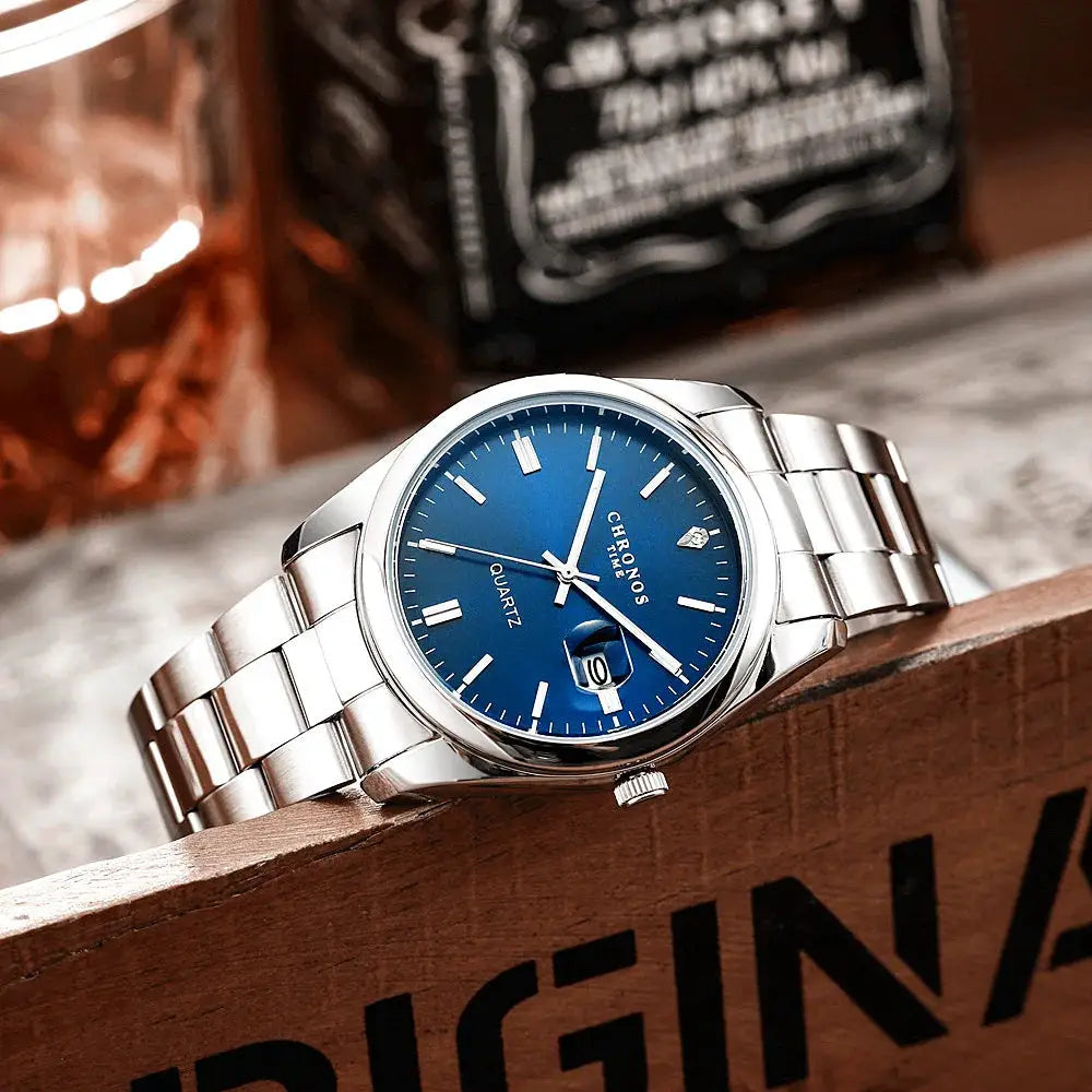 Chronos Luxury Mens Stainless Steel Wristwatch Waterproof Luminous Hands Date Quartz Movement
