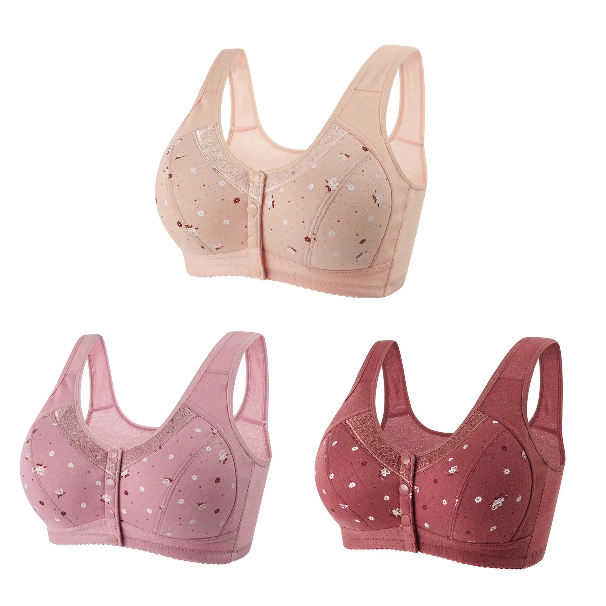 FallSweet front-closure bra set; four seamless wireless lace bras in peach, light pink, pink and burgundy.