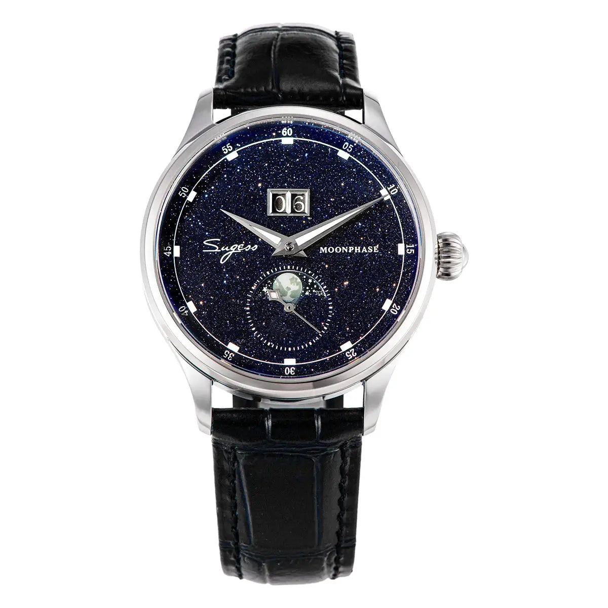 Sugess men's watch with stainless steel case, blue starry moonphase dial, date window, and black leather strap