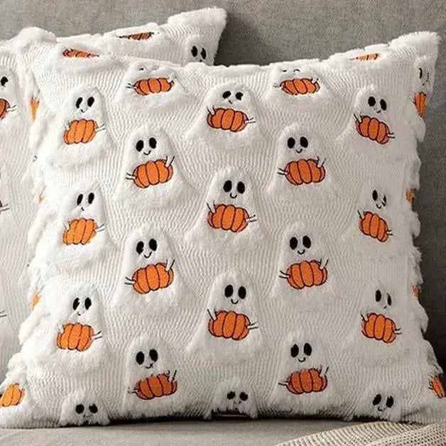 Halloween pillow covers by Simples Market, 45x45 cm, white plush fabric with orange pumpkin pattern, set of 2
