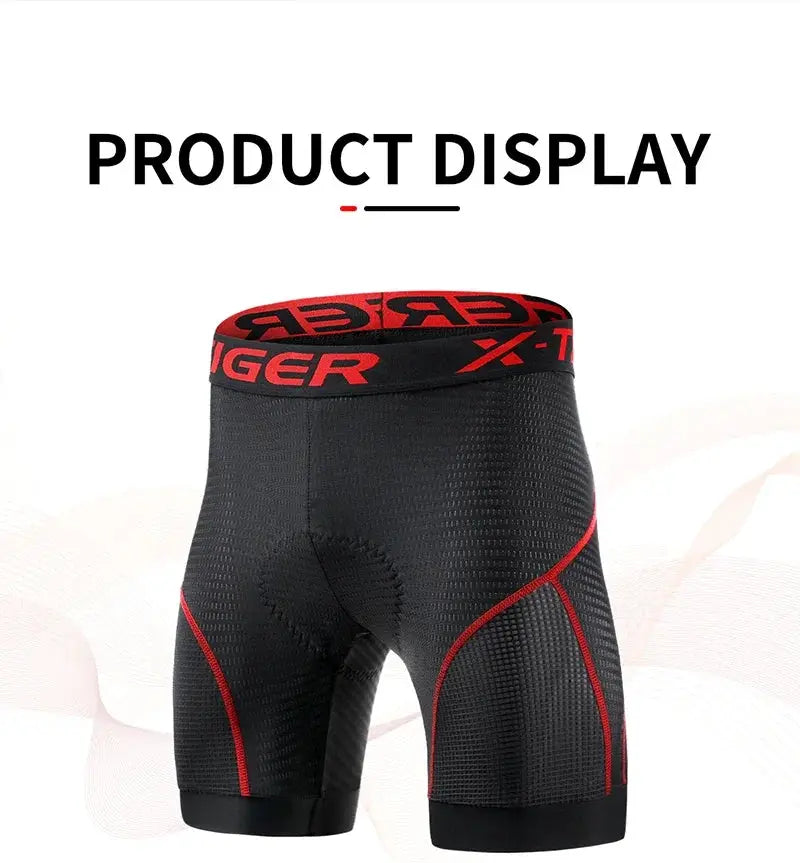X-TIGER men's cycling shorts with 5D padded liner, black breathable mesh fabric, red seams and anti-slip leg grips