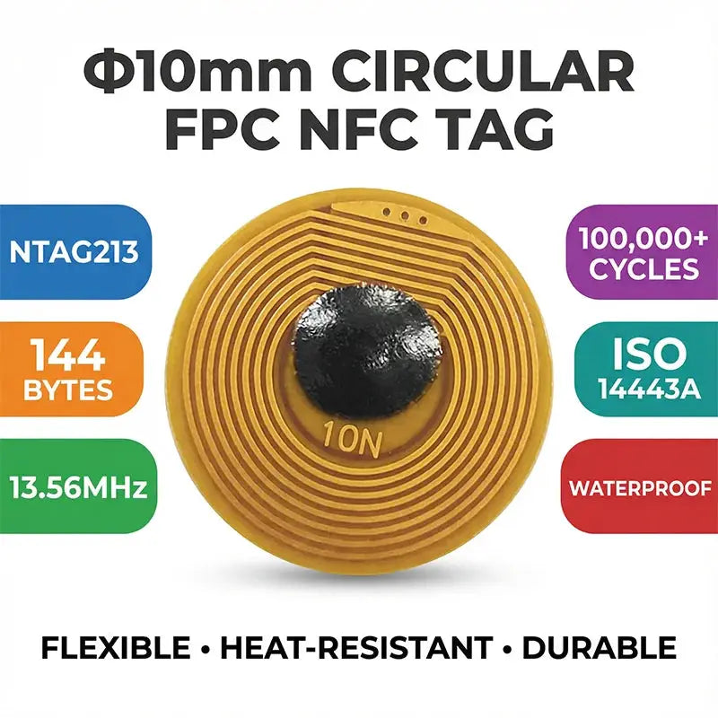 Simples Market 10mm circular FPC NFC tag NTAG213, 13.56MHz, passive, anti-metal, gold