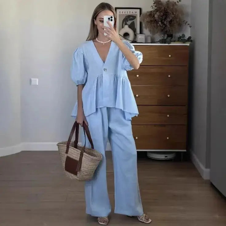 Women Two Piece Set Solid Color V Neck Short Sleeve Top And Long Pants