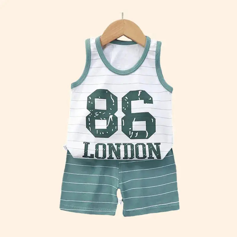 Kids sleeveless vest set: white striped tank top with green trim and 86 LONDON print, green striped shorts