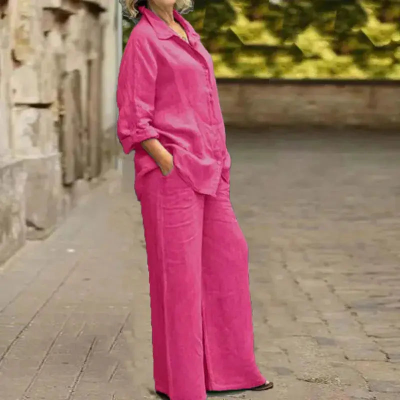Cotton Linen Shirt Two Piece Set For Women With Wide Leg Trousers