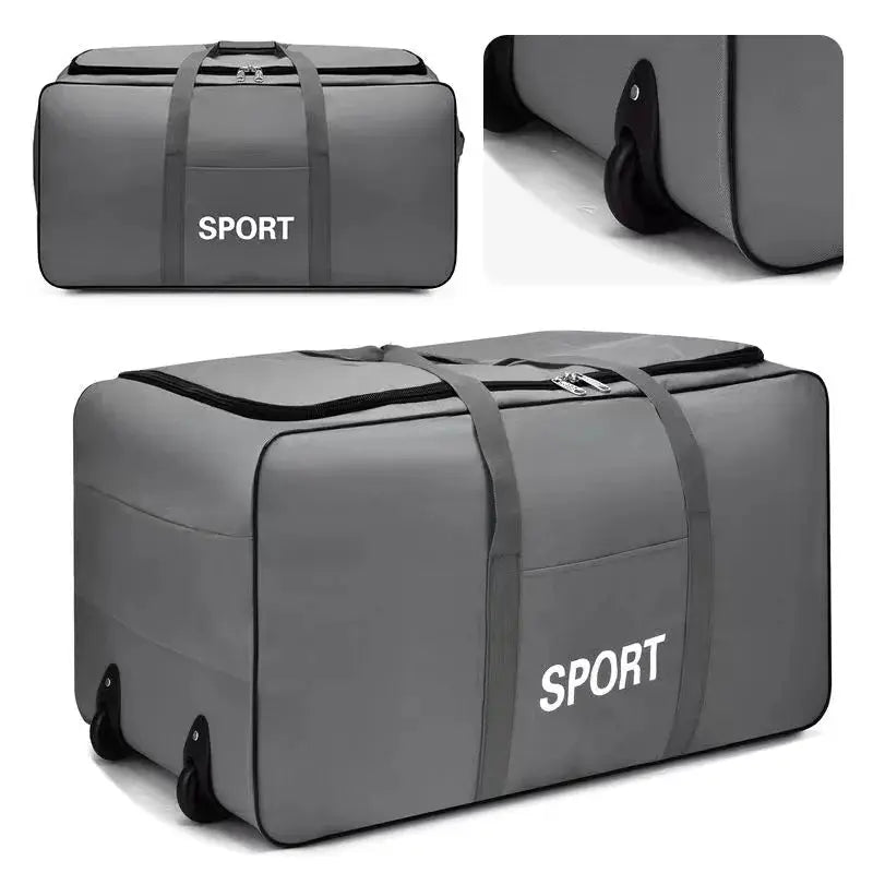 Simples Market foldable wheeled luggage bag in gray with SPORT lettering, large-capacity carry-on