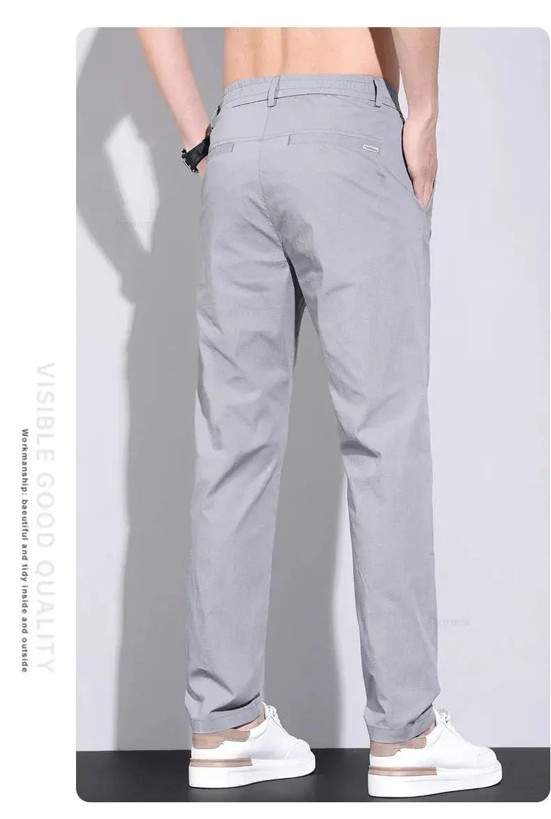Ultra-thin elastic men's casual pants, gray ice-silk cotton, slim straight trousers by Simples Market