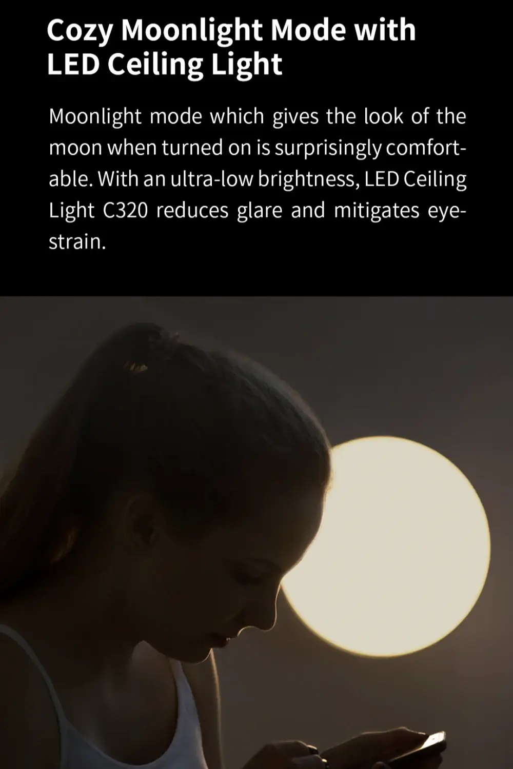 Yeelight Smart LED Ceiling Light PRO promotional banner; woman using a phone with a bright round lamp in the background.