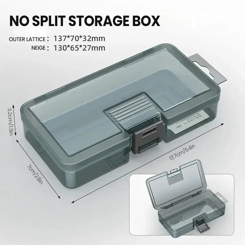 Plastic tool parts storage box with gray translucent body and front latch, compact no-split design for screws.
