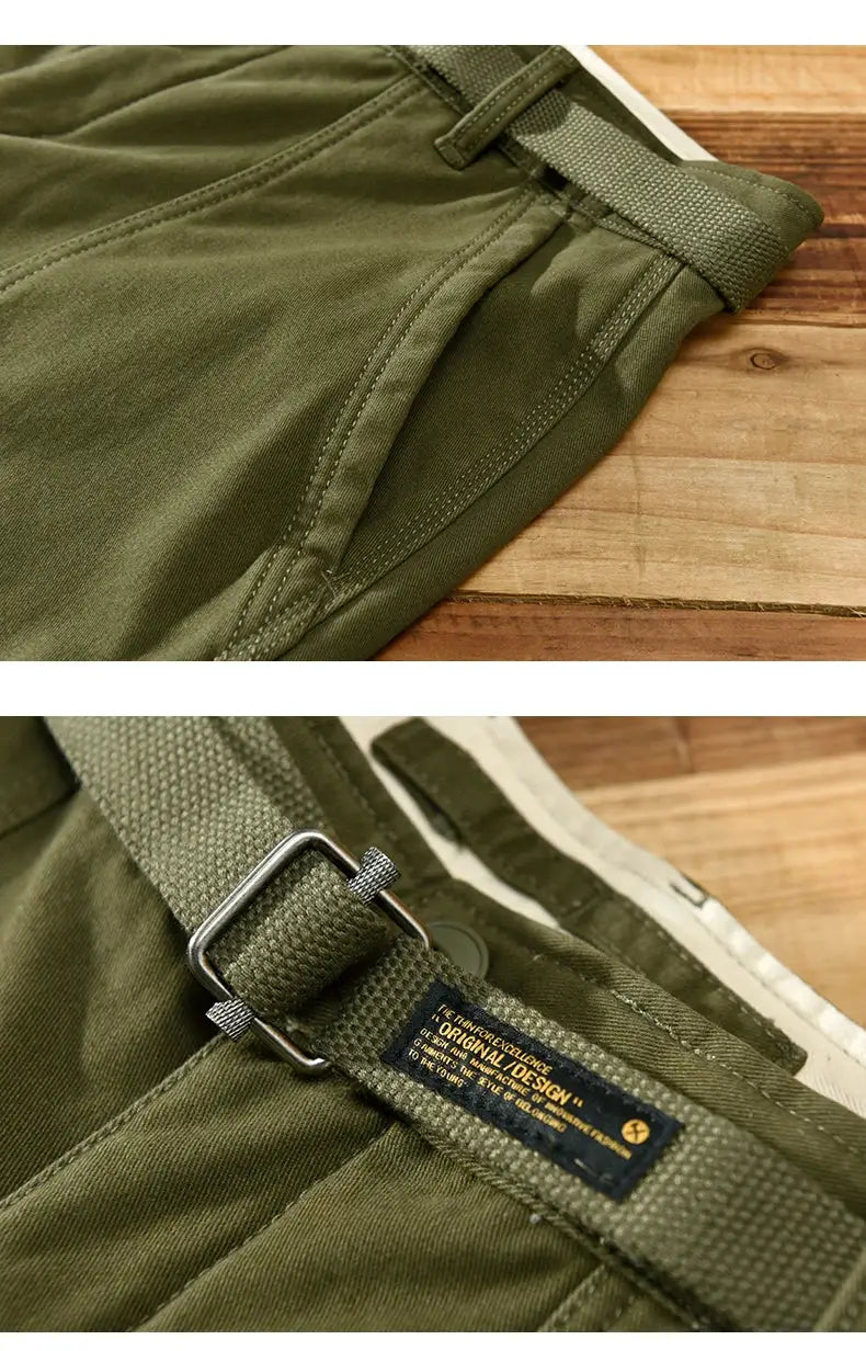 Men's olive green cargo pants with belt and buckle, cotton fleece fabric.