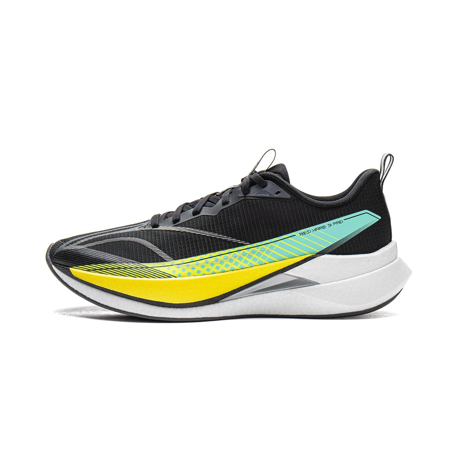 Li-Ning Red Hare 9 Pro men's racing running shoe; black upper with teal-yellow side stripe, white midsole.