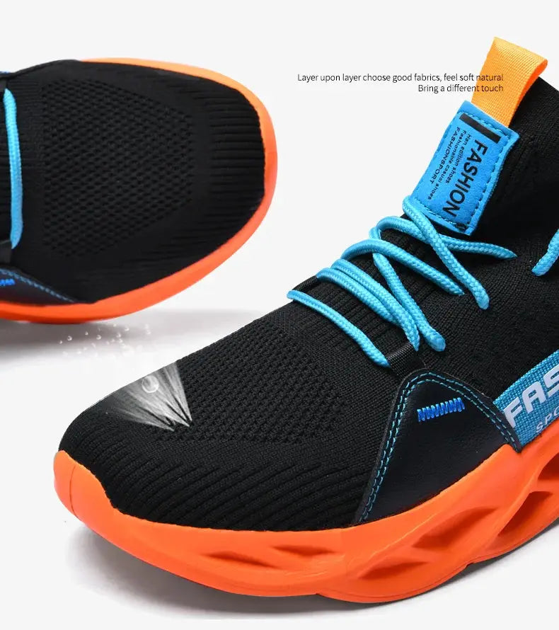 Black mesh sneakers with bright orange sole and blue laces, athletic unisex shoes