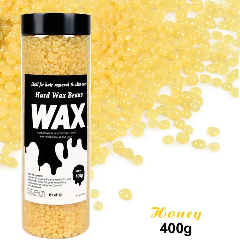 Simples Market hard wax beans 400g in a clear jar with black lid; yellow beads for waxing