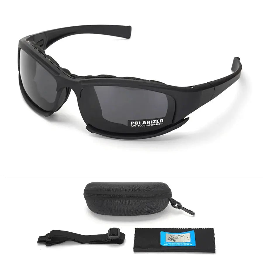 Simples Market New 4-Lens Tactical Goggles, black frame, polarized windproof and dustproof safety glasses with case