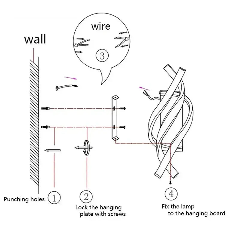 Curved spiral LED wall lamp installation diagram with wall mounting, screws, hanging plate, and wiring.