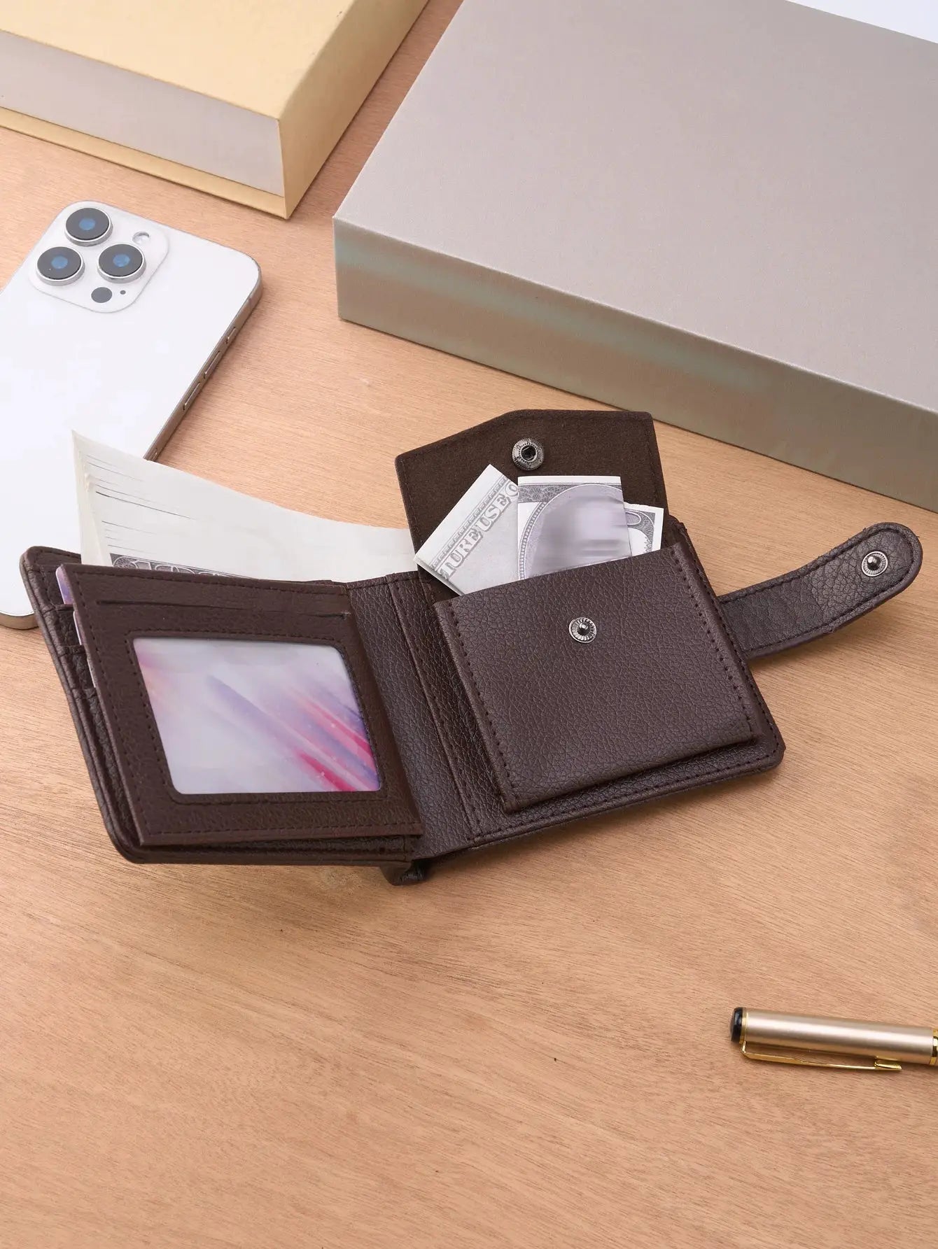 Men's brown leather wallet by Simples Market with card slots and snap closure