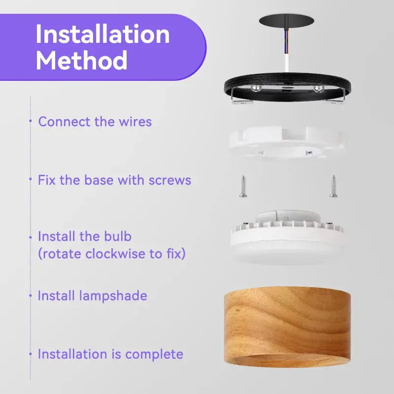 GX53 downlight wooden ceiling lamp five-piece components: black ring, white housing, screws, LED module, wooden lampshade