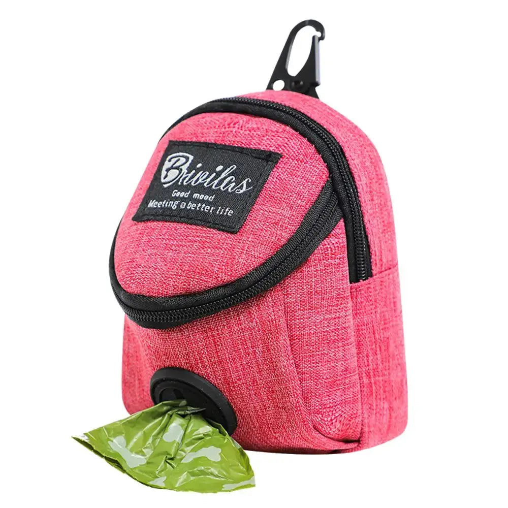 Pet dog treat pouch and poop bag dispenser, pink fabric with carabiner clip