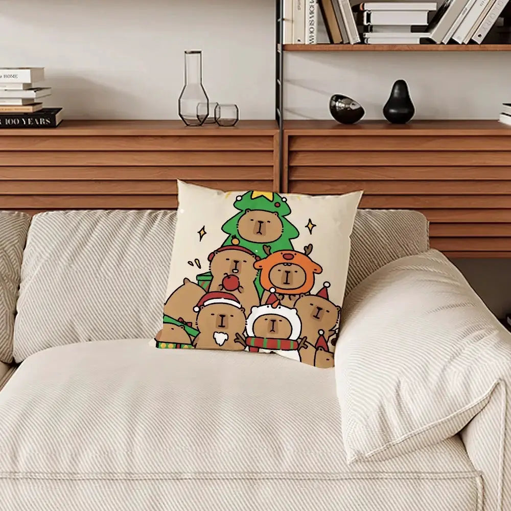 Capybara cartoon pillow case with a group of capybaras on a beige square cushion for sofa and bedroom