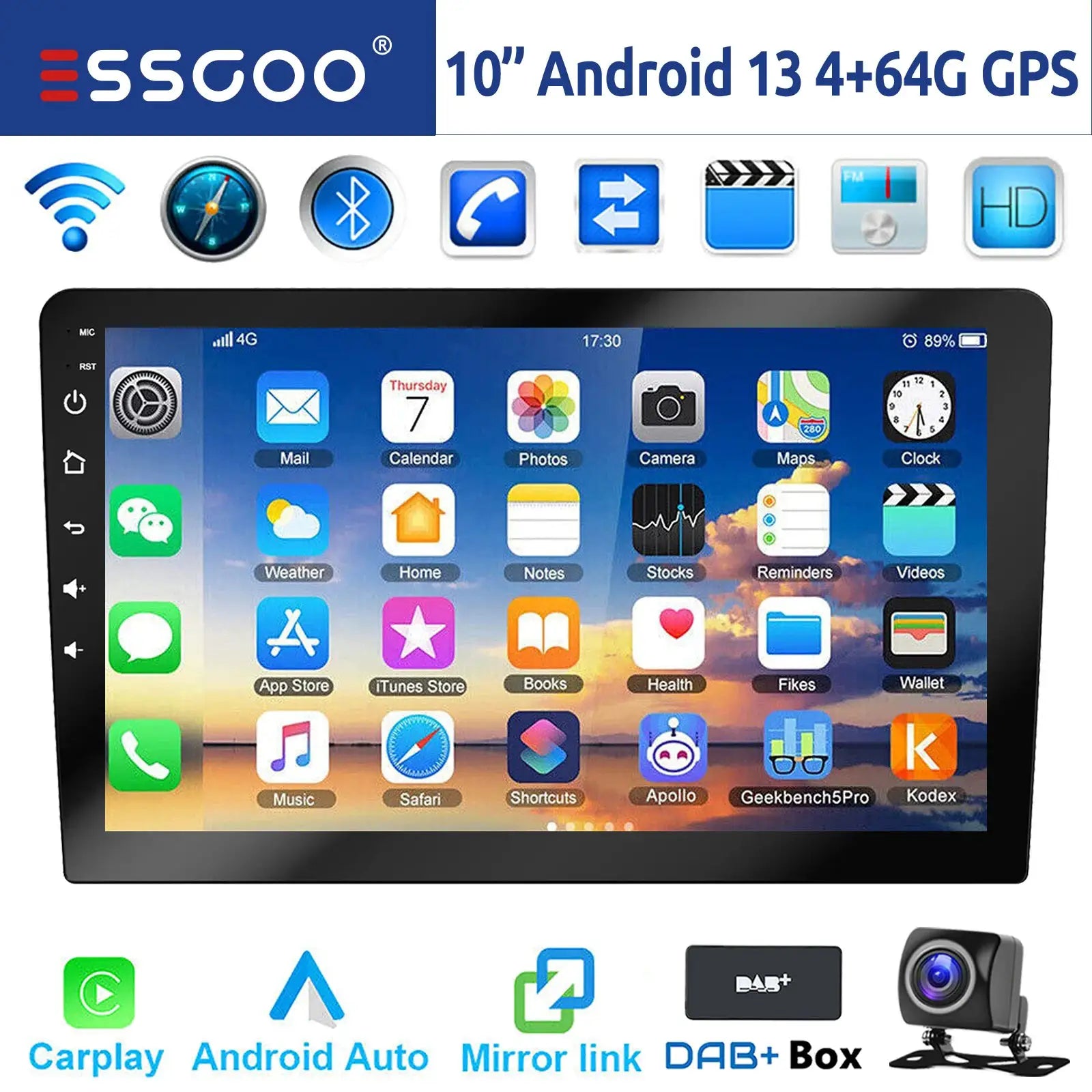 ESSGOO 10-inch Android car stereo with CarPlay, Android Auto, GPS, Bluetooth, WIFI, touchscreen, black bezel